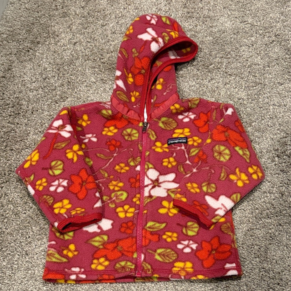 Patagonia Kids Floral Hooded Fleece Jacket in Rose Pink